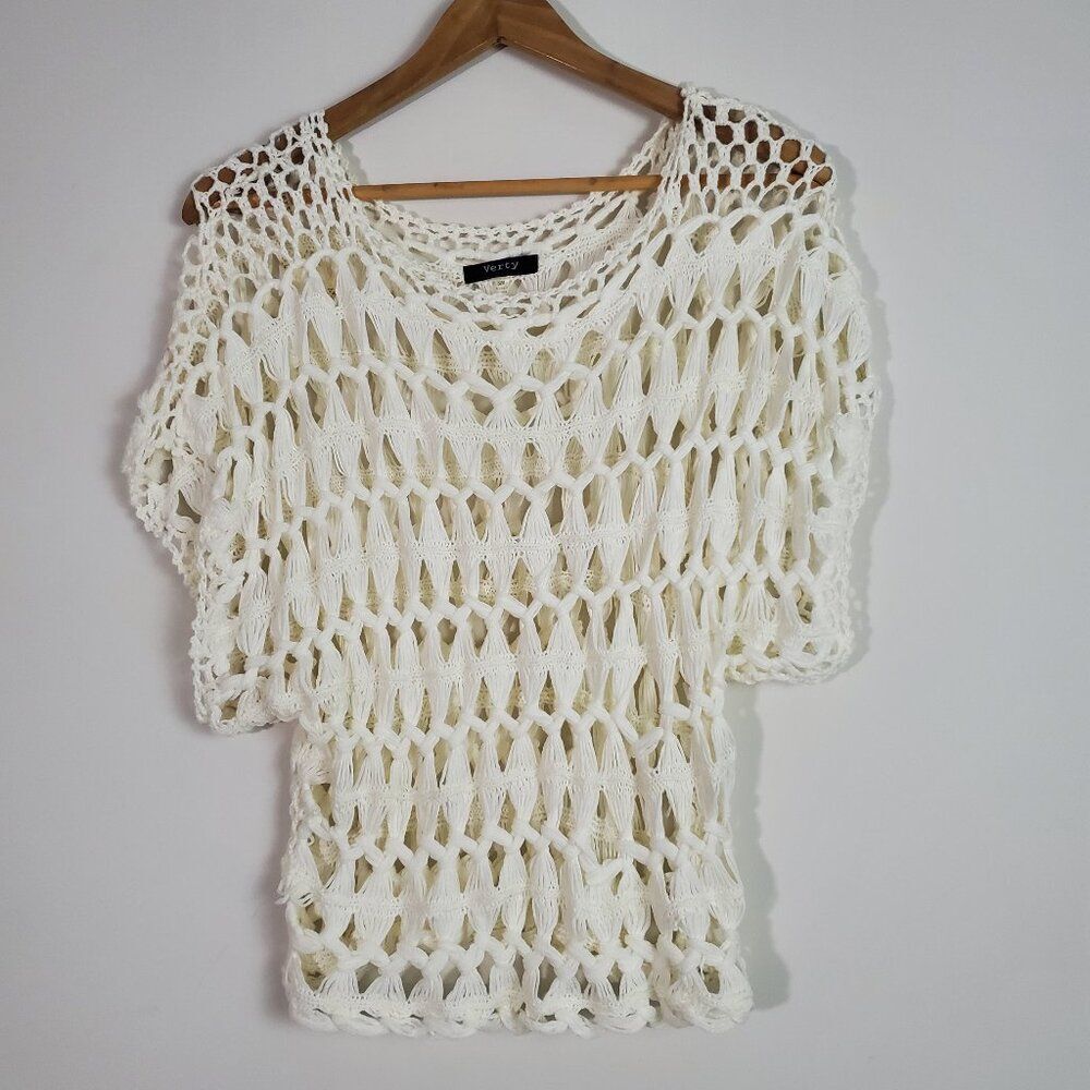 Women's Crochet Top White Small Boho Ecclectic Casual Coastal Sheer Festival